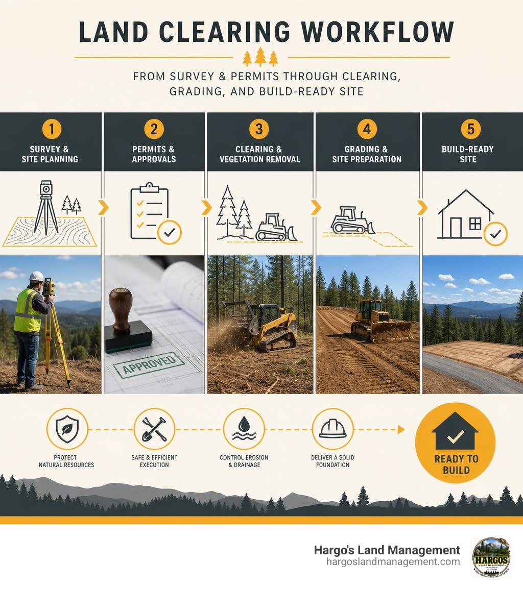 Land clearing workflow from survey and permits through clearing, grading, and build-ready site infographic Land clearing workflow from survey and permits through clearing, grading, and build-ready site infographic