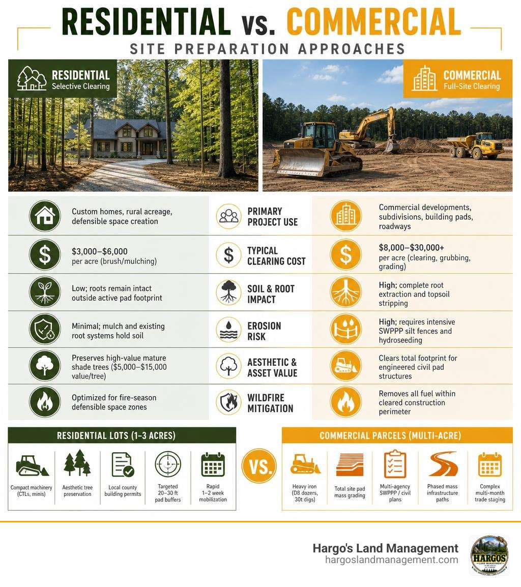 Comparison table of residential and commercial site preparation approaches infographic Comparison table of residential and commercial site preparation approaches infographic