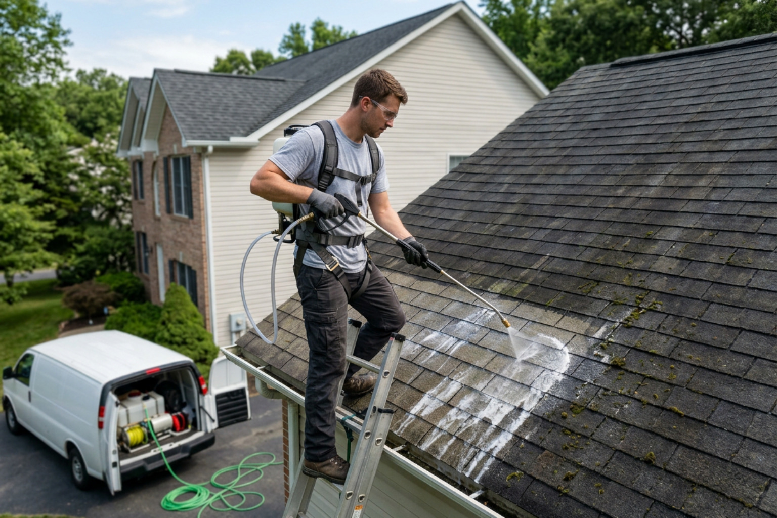 professional soft washing technician treating asphalt shingles professional soft washing technician treating asphalt shingles