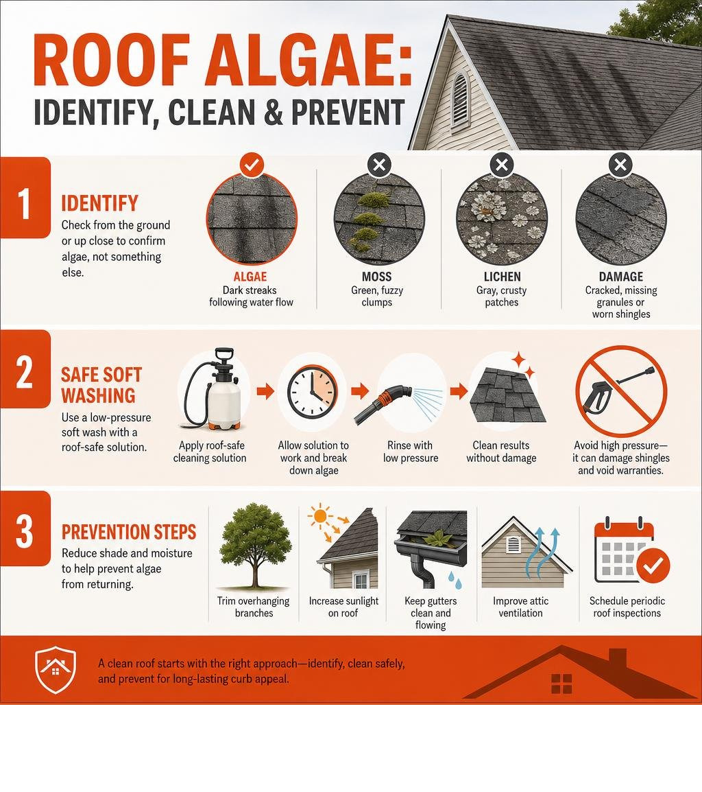 Roof algae identification, safe soft washing, and prevention steps infographic Roof algae identification, safe soft washing, and prevention steps infographic