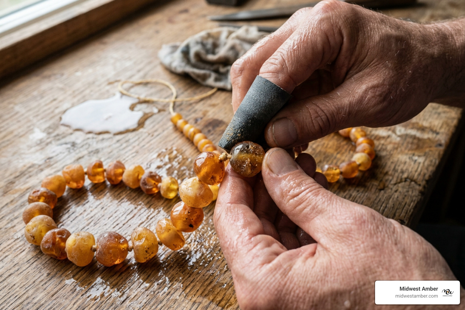 wet sanding Baltic amber beads