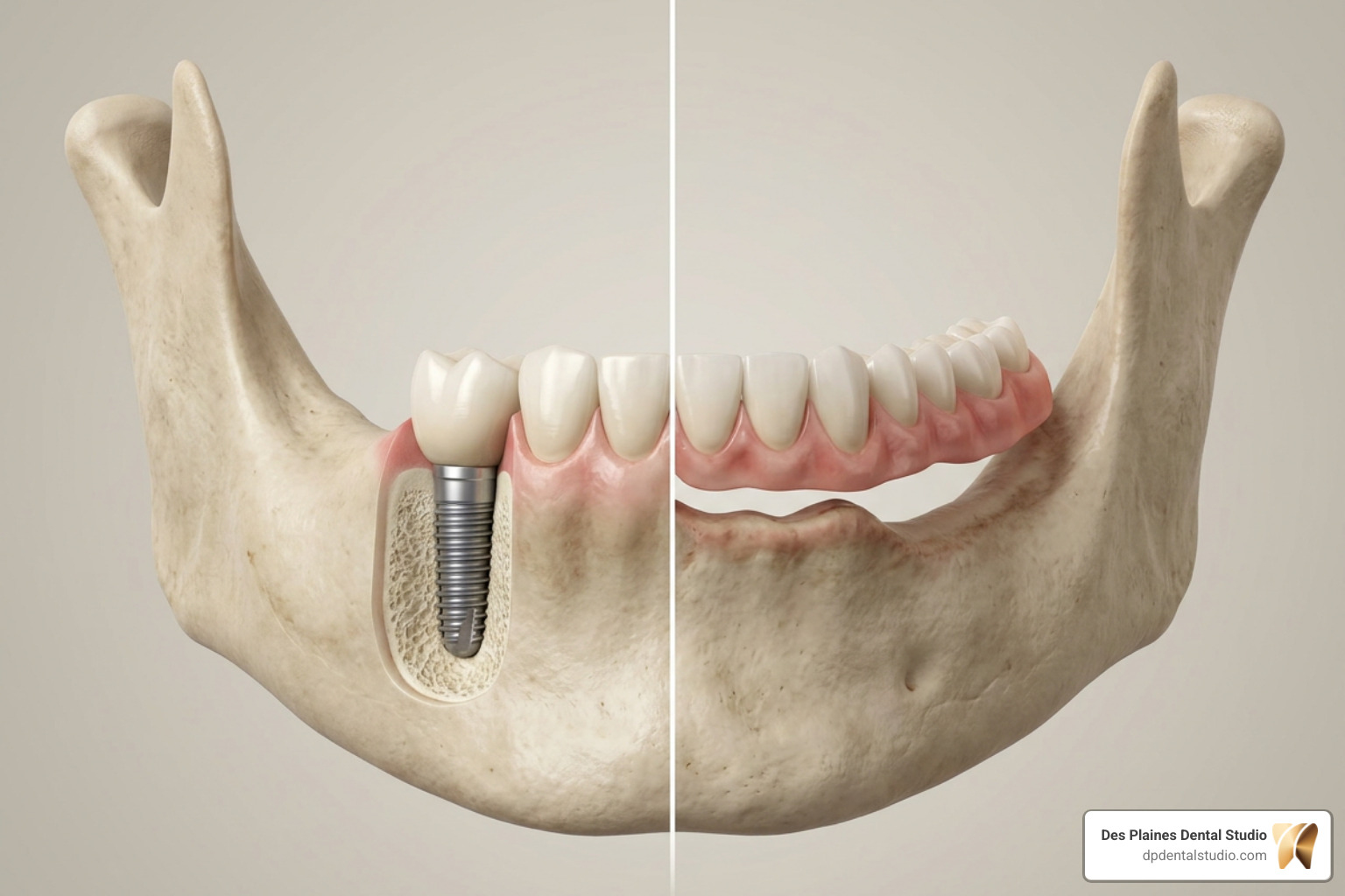 Natural bone preservation with dental implants compared to bone loss with dentures