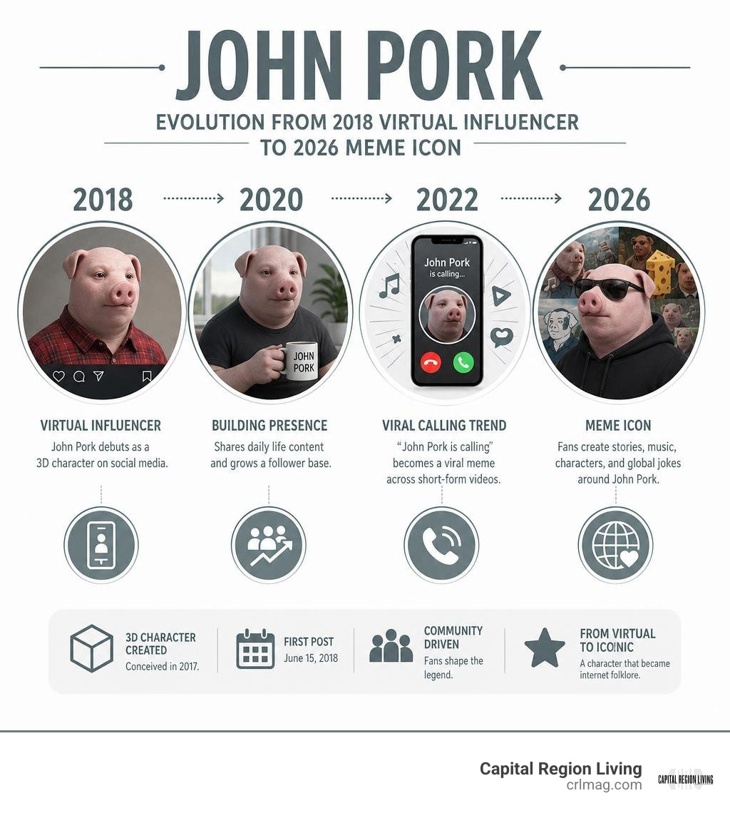 John Pork evolution from 2018 virtual influencer to 2026 meme icon infographic