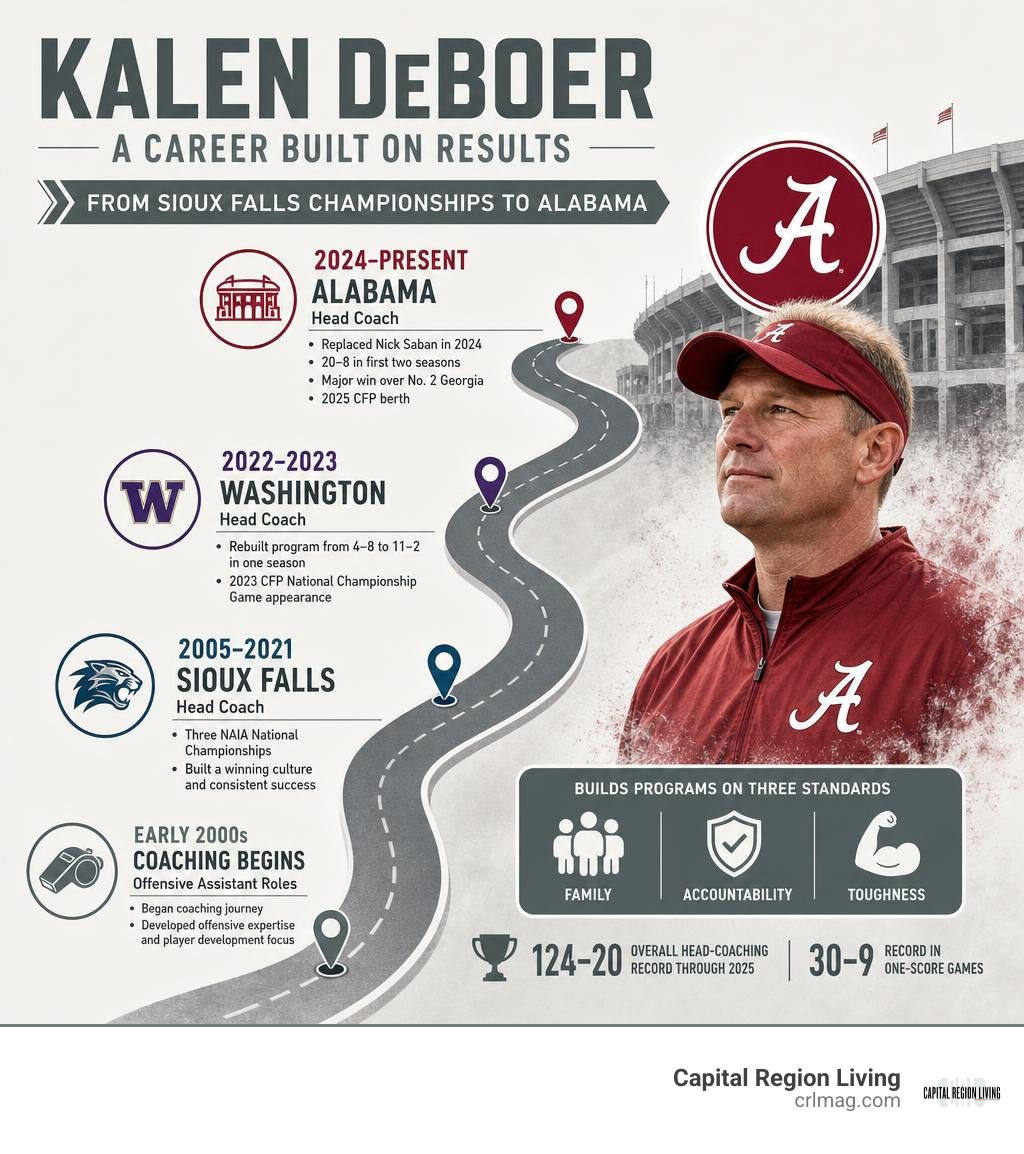 Kalen DeBoer career path from Sioux Falls NAIA championships to Alabama infographic