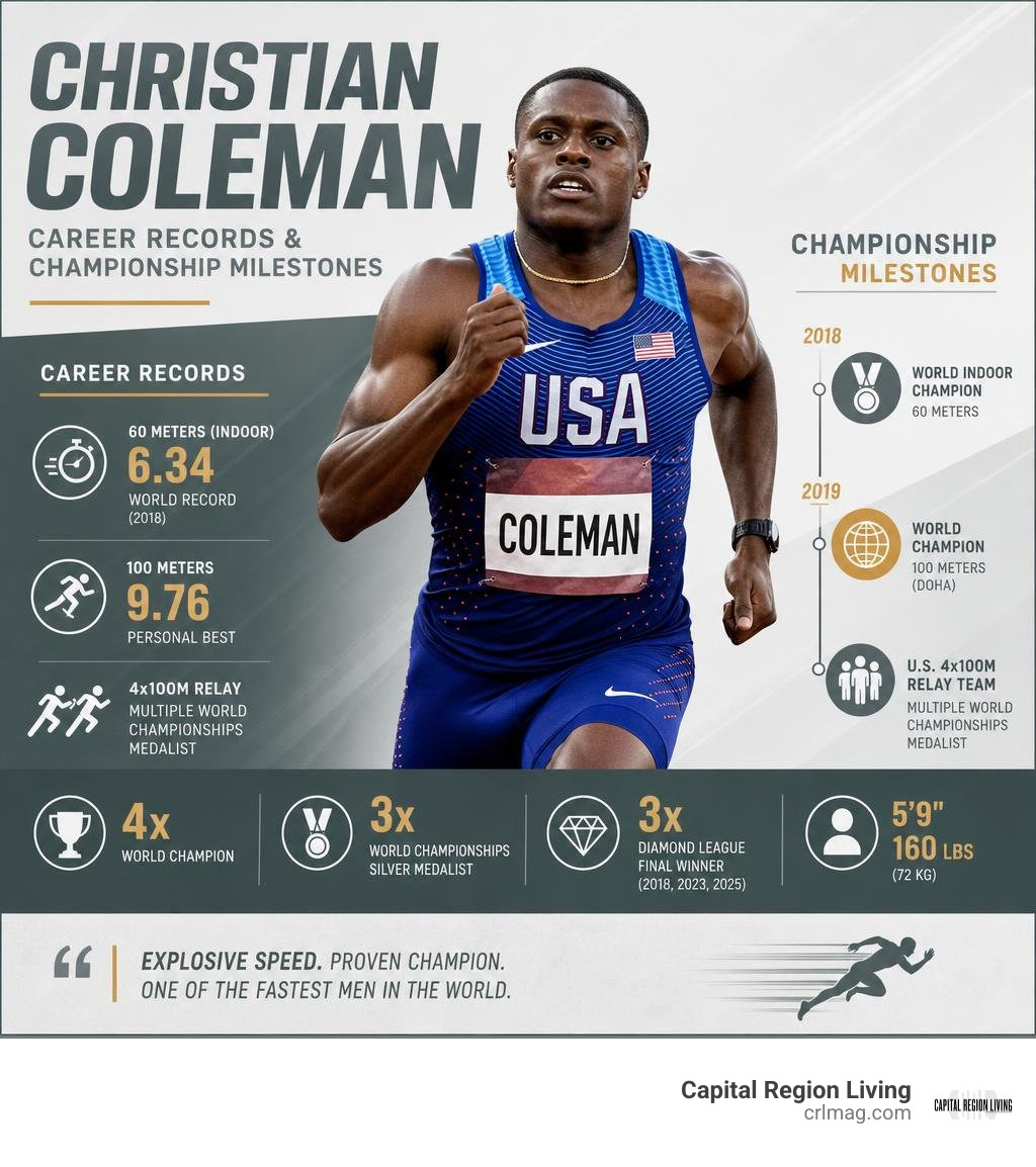 Christian Coleman career records and championship milestones infographic
