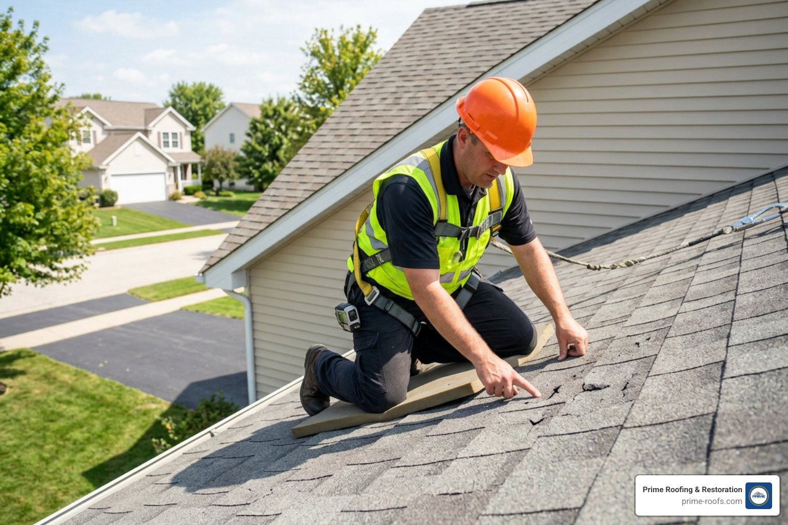Roofer in safety harness evaluating hail impacts on residential asphalt shingles