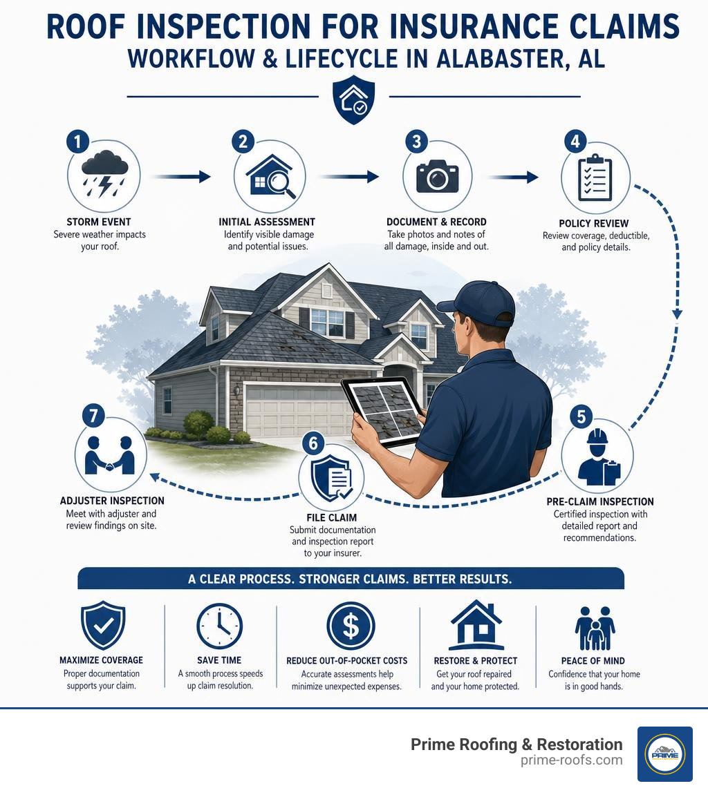 Comprehensive roof inspection for insurance claims workflow and lifecycle in Alabaster AL infographic