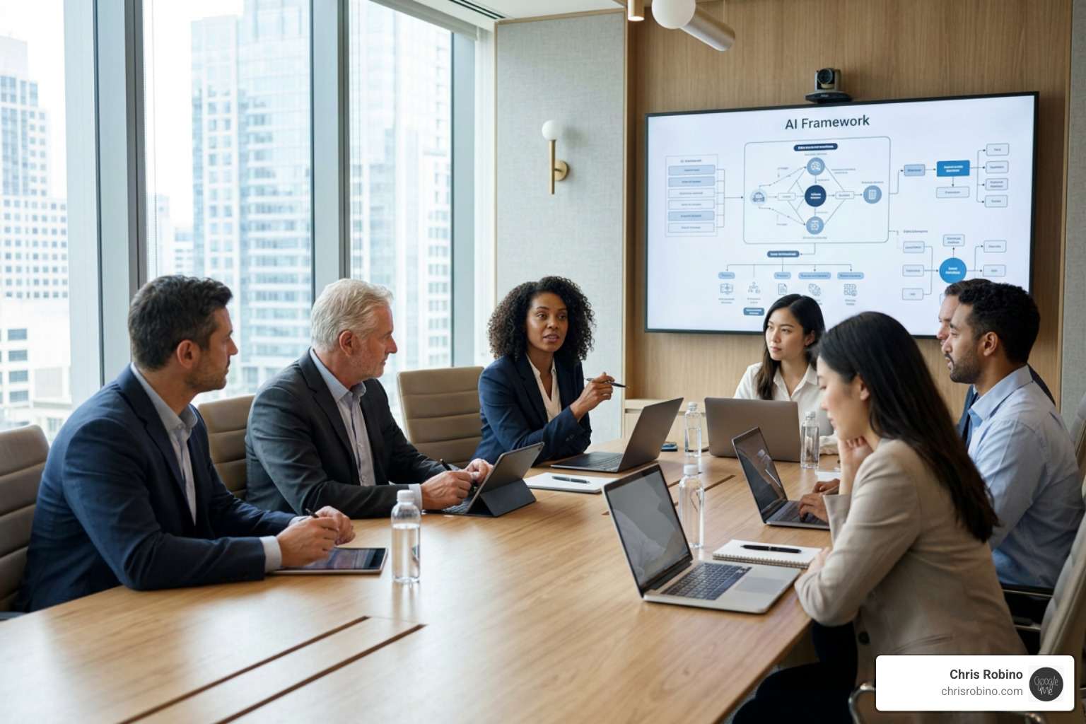Business executives in a modern boardroom learning AI frameworks