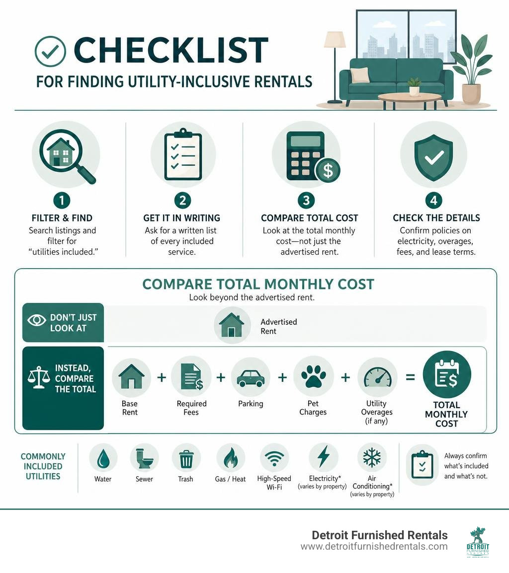 Checklist for finding utility-inclusive rentals and comparing total monthly costs infographic