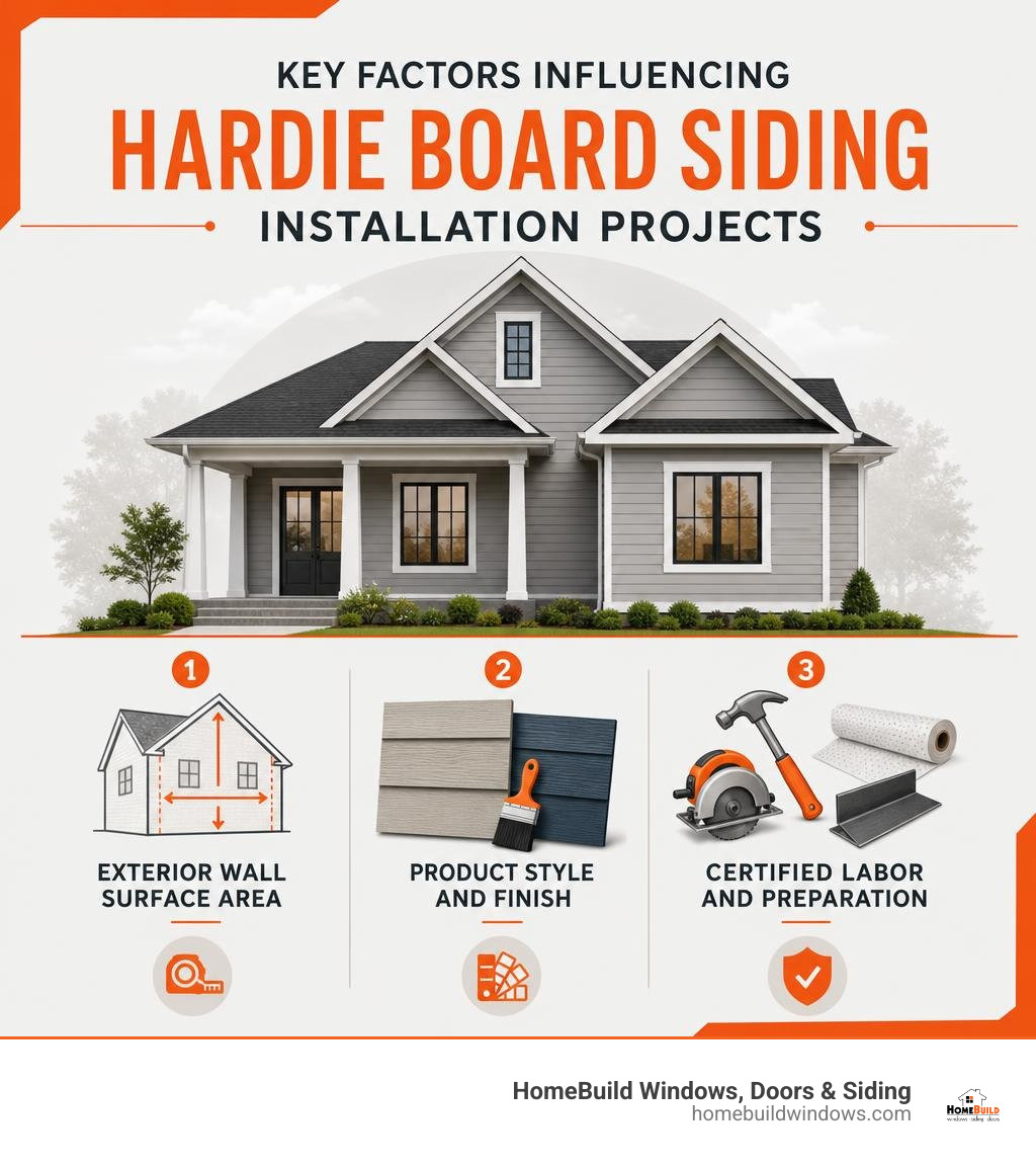 Key factors influencing Hardie board siding installation projects infographic