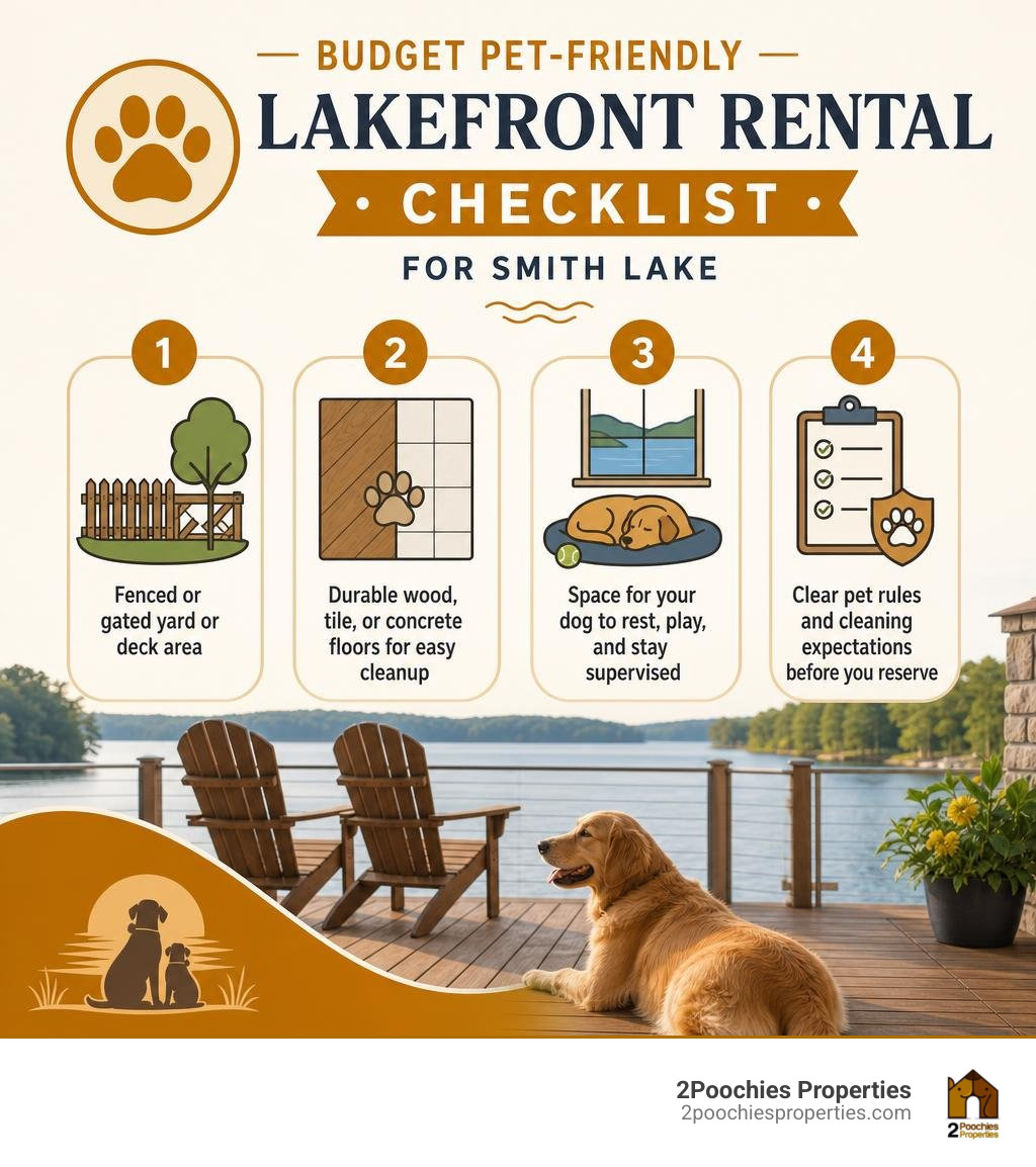 Budget pet-friendly lakefront rental checklist for Smith Lake infographic