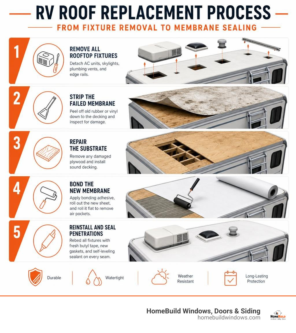 RV roof replacement process from fixture removal to membrane sealing infographic RV roof replacement process from fixture removal to membrane sealing infographic
