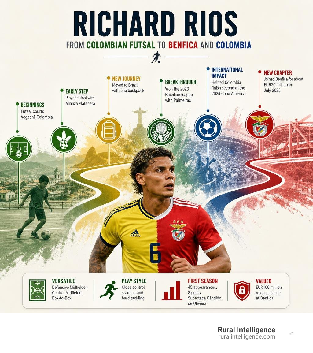 Richard Rios career milestones from futsal in Colombia to Benfica and Colombia infographic