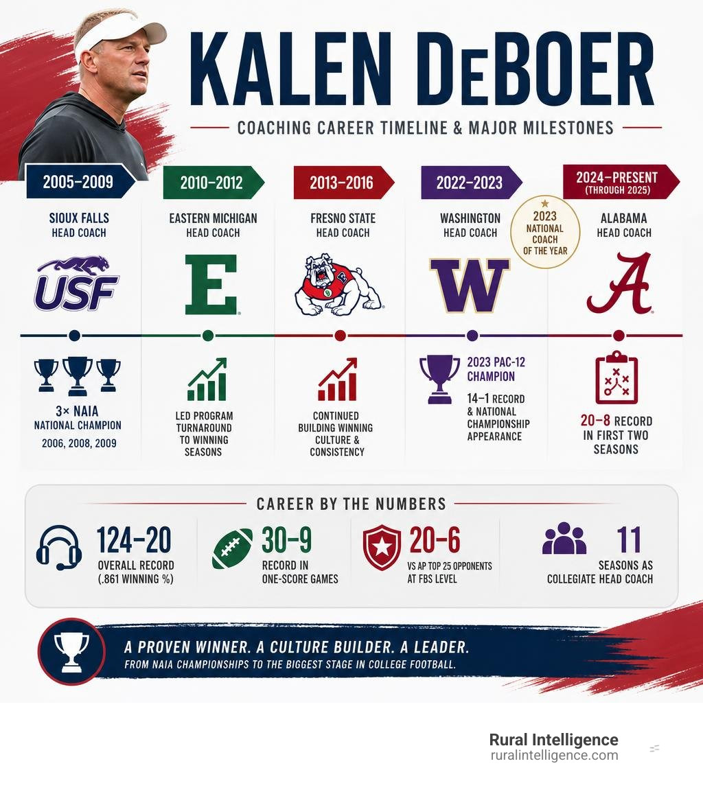 timeline of Kalen DeBoer coaching career and major milestones infographic timeline of Kalen DeBoer coaching career and major milestones infographic