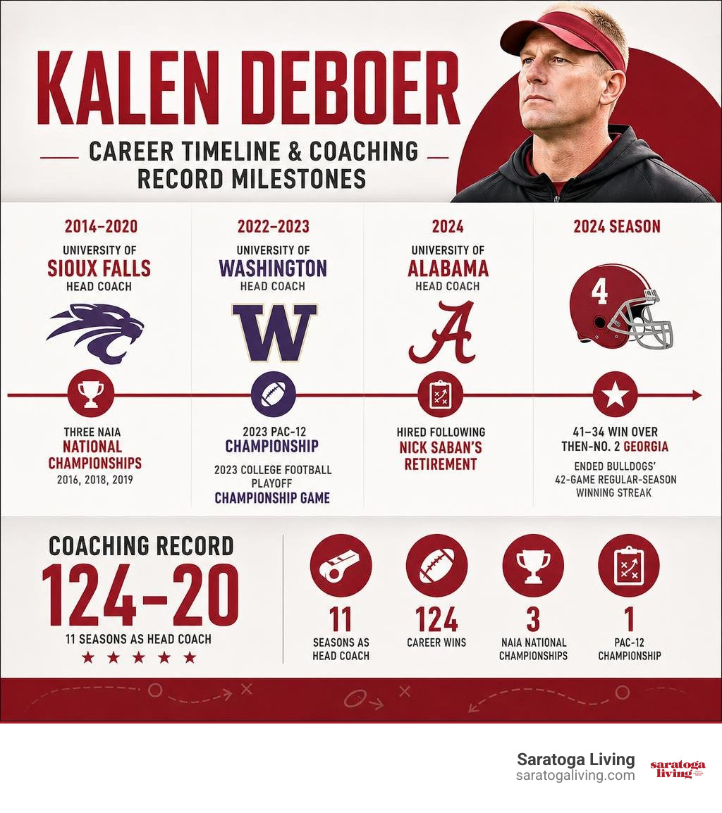 Kalen DeBoer career timeline and coaching record milestones infographic
