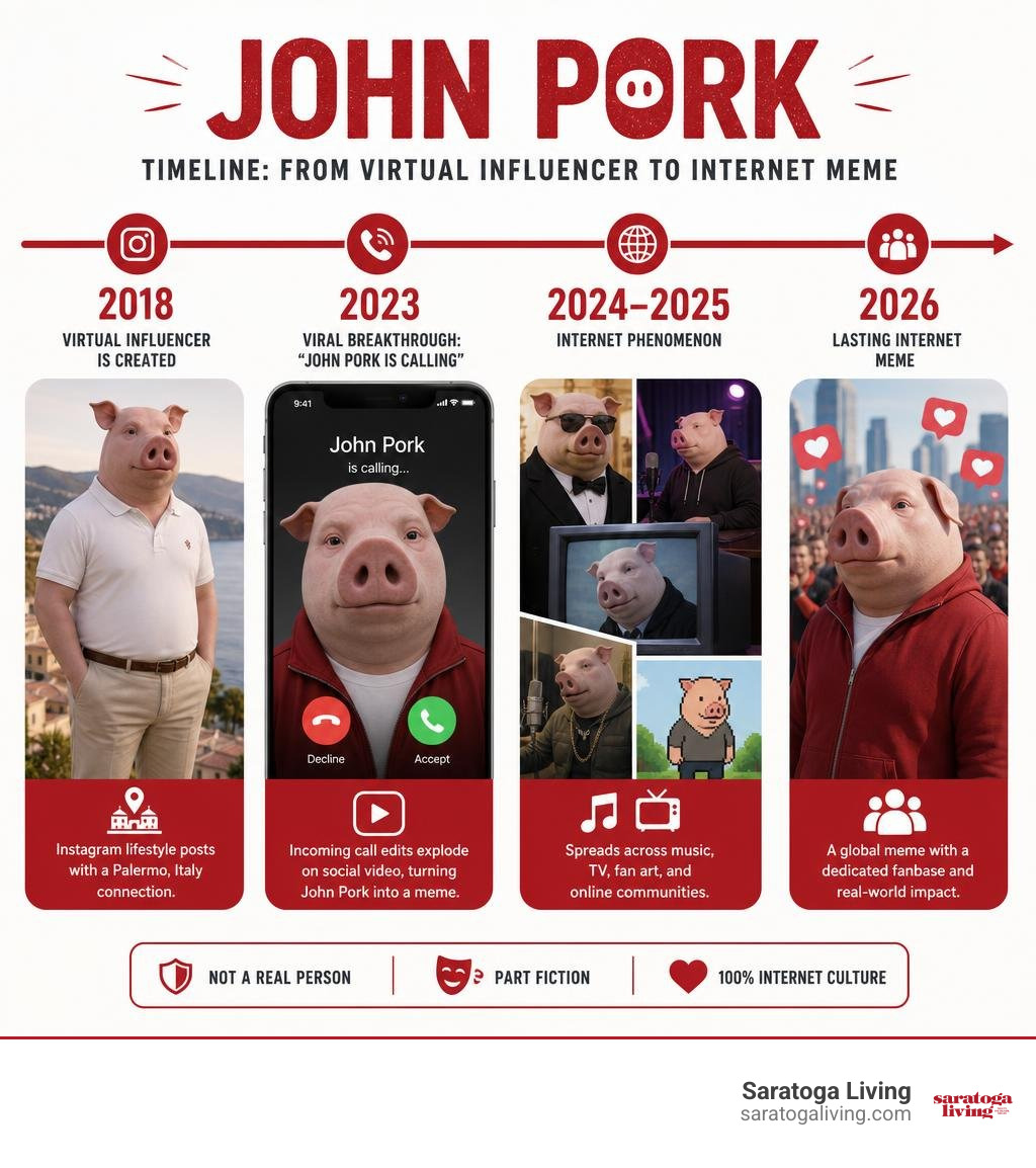 John Pork timeline from 2018 virtual influencer to 2026 internet meme infographic