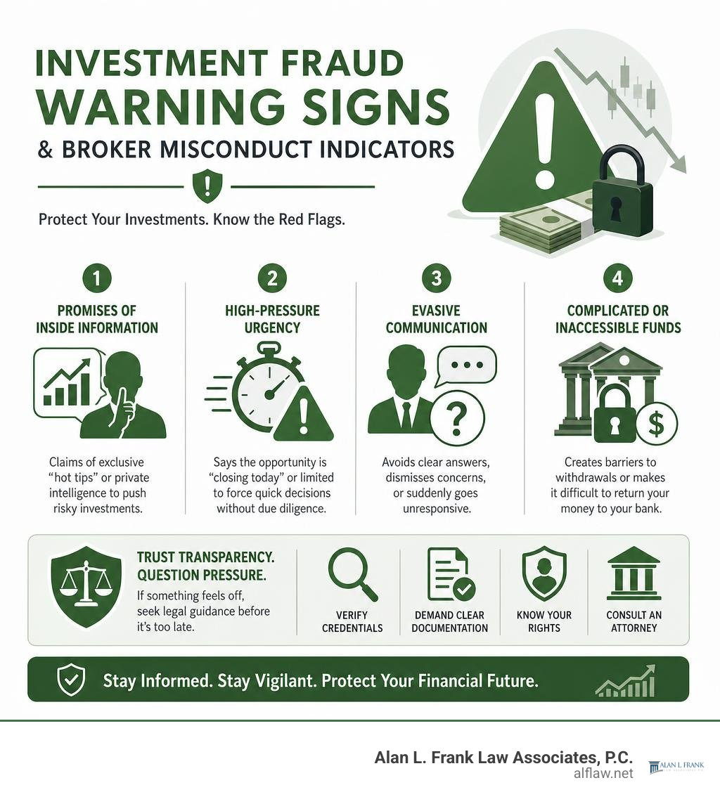 Investment fraud warning signs and broker misconduct indicators infographic
