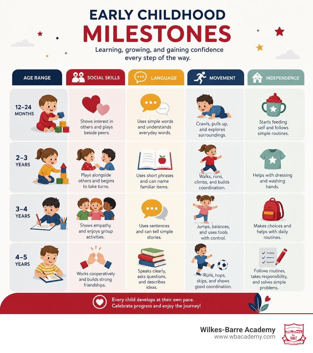 Early childhood milestones for learning social skills language movement and independence infographic Early childhood milestones for learning social skills language movement and independence infographic
