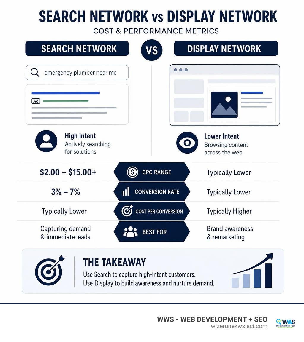 Search network vs display network cost performance metrics infographic Search network vs display network cost performance metrics infographic