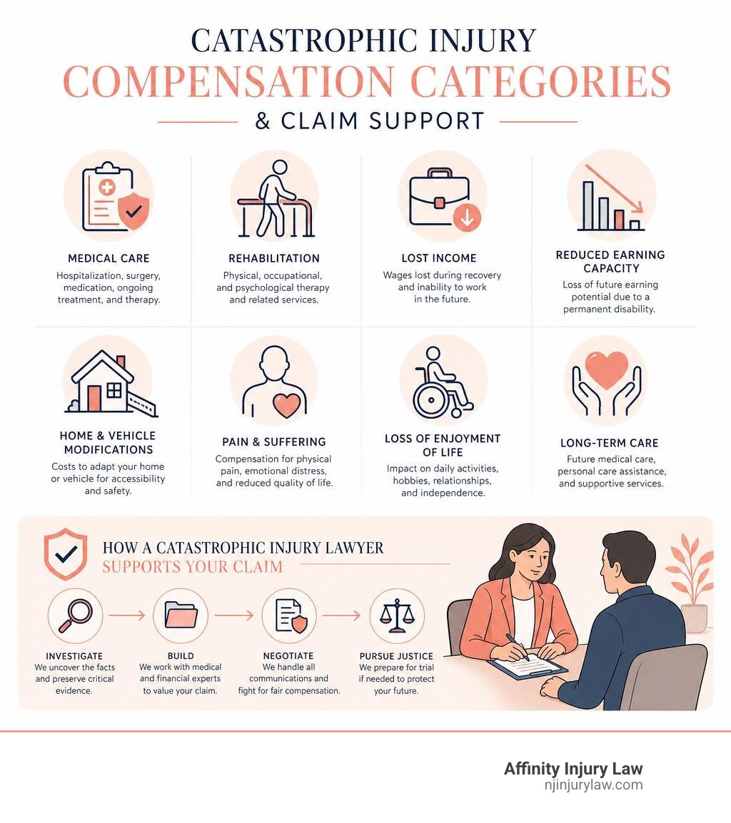 Catastrophic injury compensation categories and claim support infographic Catastrophic injury compensation categories and claim support infographic