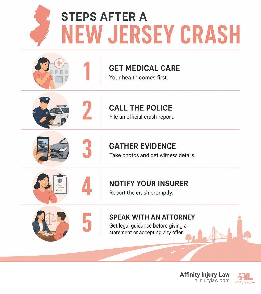 Steps after a New Jersey crash: care, police report, evidence, insurer, attorney infographic Steps after a New Jersey crash: care, police report, evidence, insurer, attorney infographic