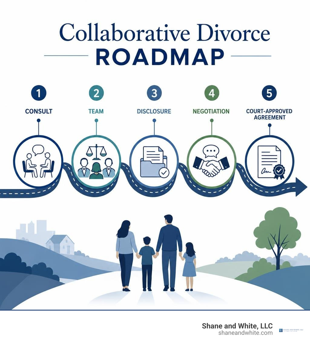 Collaborative divorce roadmap: consult, team, disclosure, negotiation, court-approved agreement infographic
