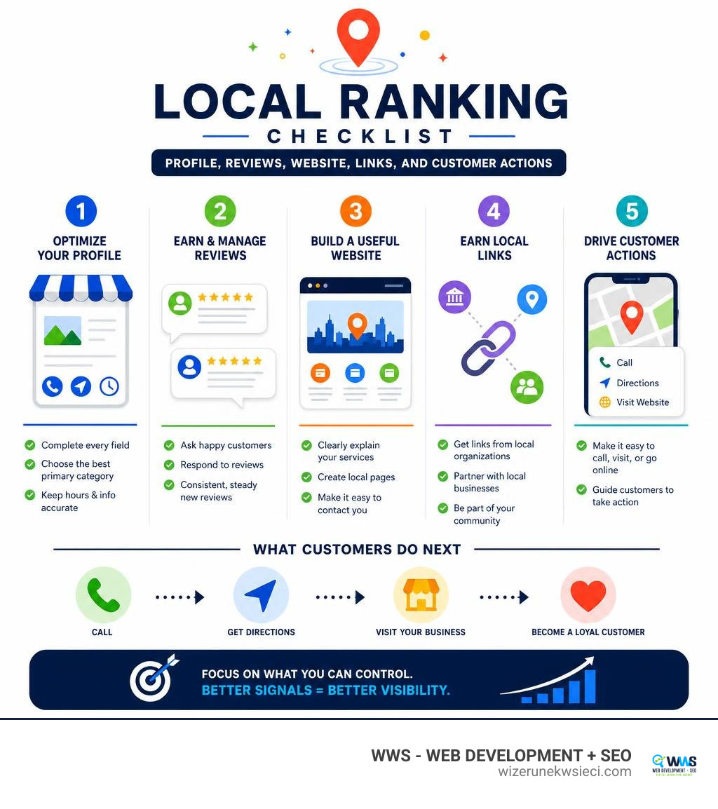 Local ranking checklist: profile, reviews, website, links, and customer actions infographic Local ranking checklist: profile, reviews, website, links, and customer actions infographic
