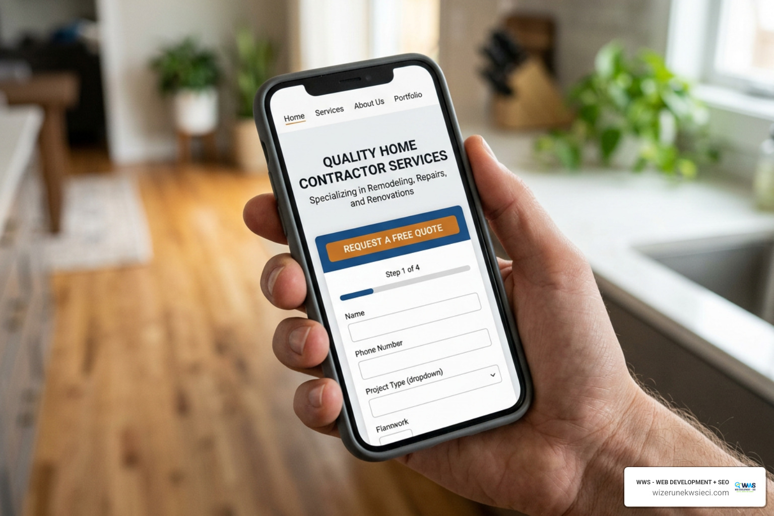 High-converting contractor mobile landing page featuring click-to-call button and multi-step quote form