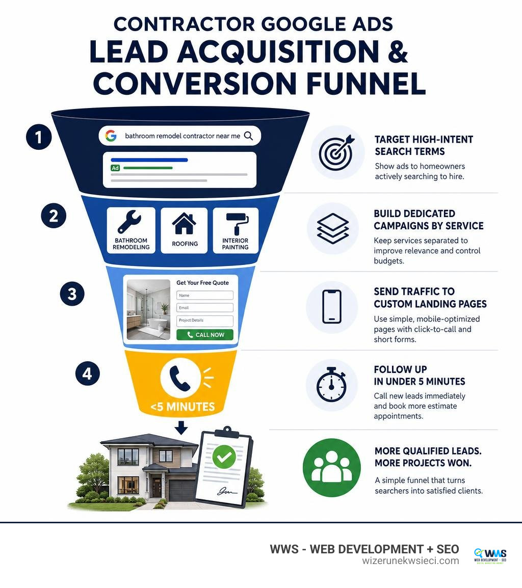 Contractor Google Ads lead acquisition and conversion funnel infographic