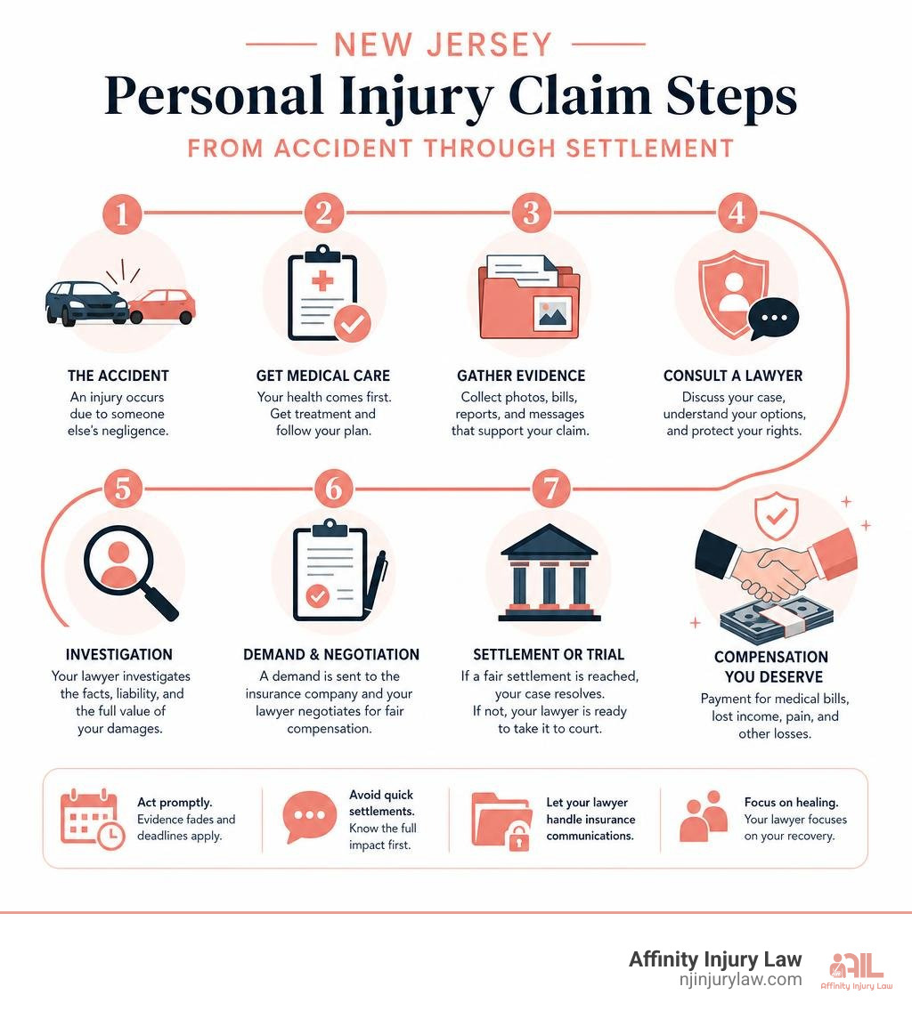 New Jersey personal injury claim steps from accident through settlement infographic New Jersey personal injury claim steps from accident through settlement infographic
