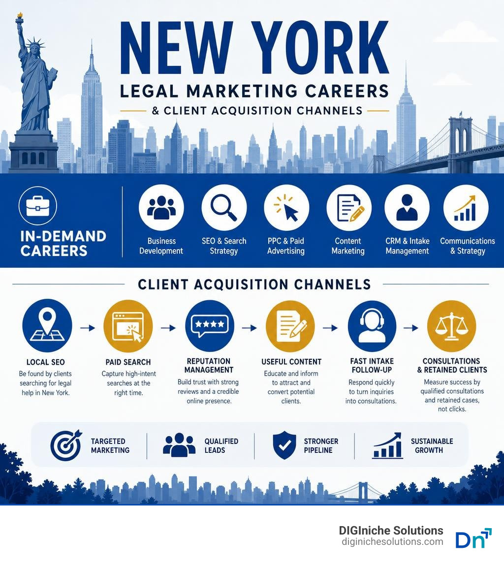 New York legal marketing careers and client acquisition channels infographic