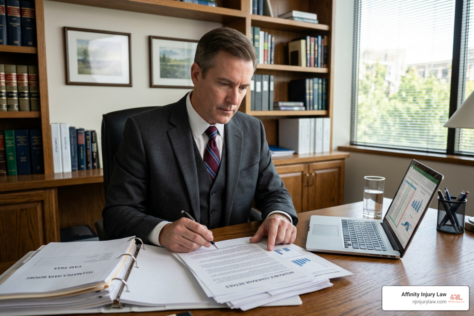 Legal professional reviewing complex insurance contracts and telematics reports