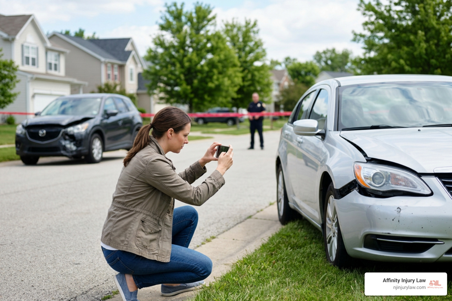 Accident victim gathering collision evidence and photos at the scene Accident victim gathering collision evidence and photos at the scene