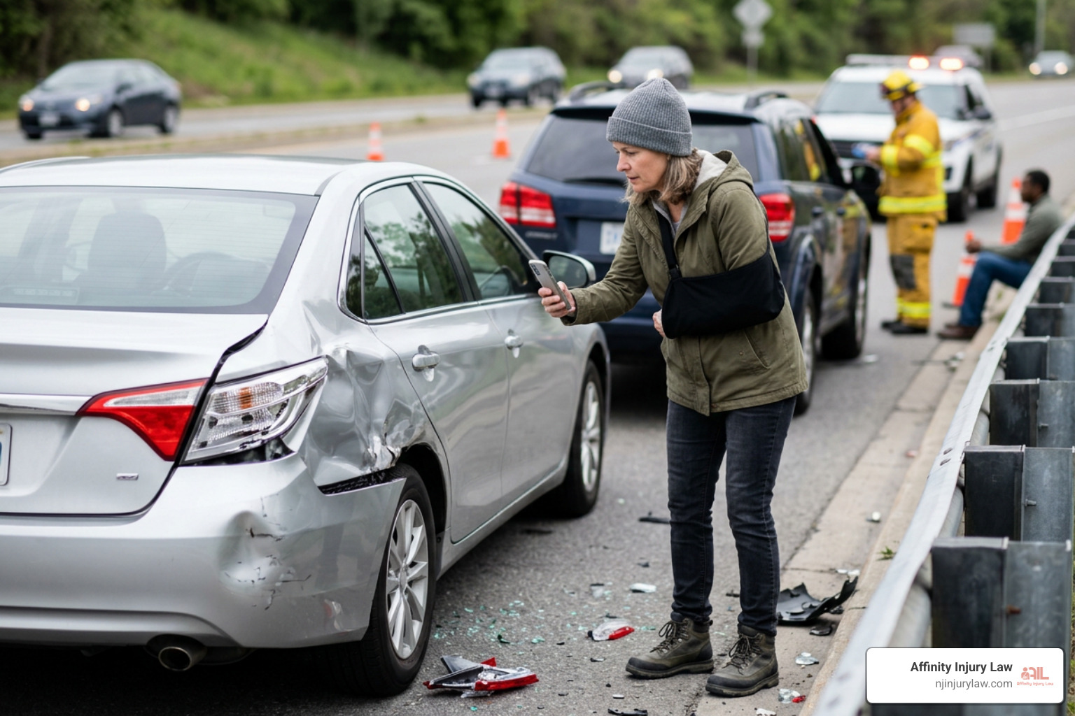 Injured passenger documenting accident scene with smartphone
