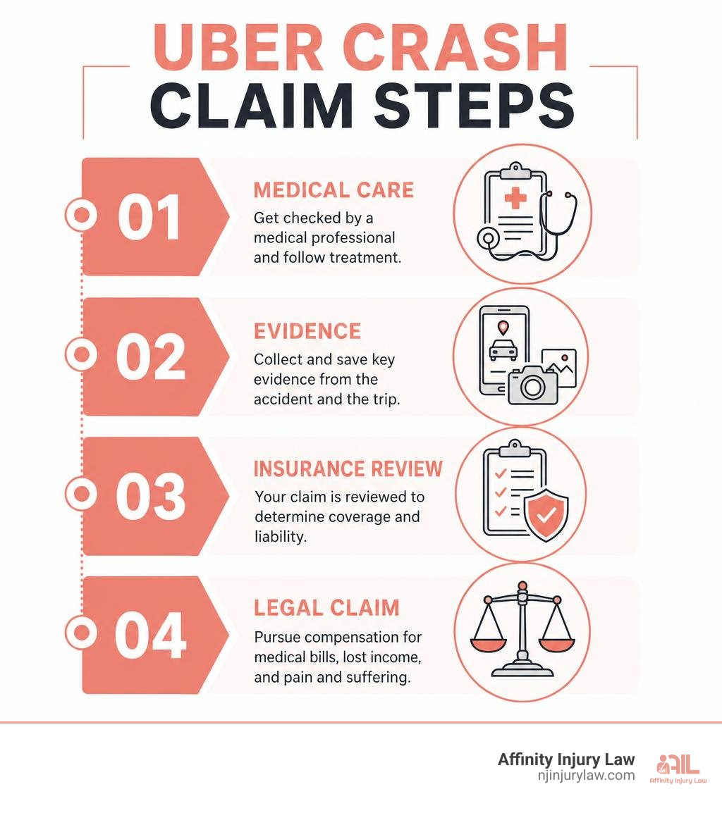 Uber crash claim steps: medical care, evidence, insurance review, legal claim infographic