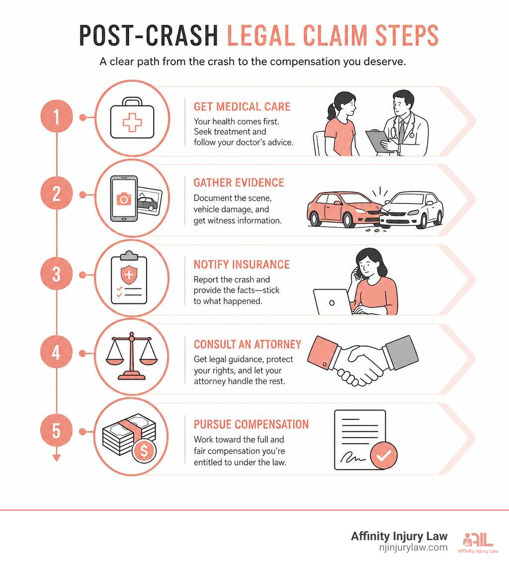 Post-crash legal claim steps: medical care, evidence, insurance, attorney, compensation infographic Post-crash legal claim steps: medical care, evidence, insurance, attorney, compensation infographic