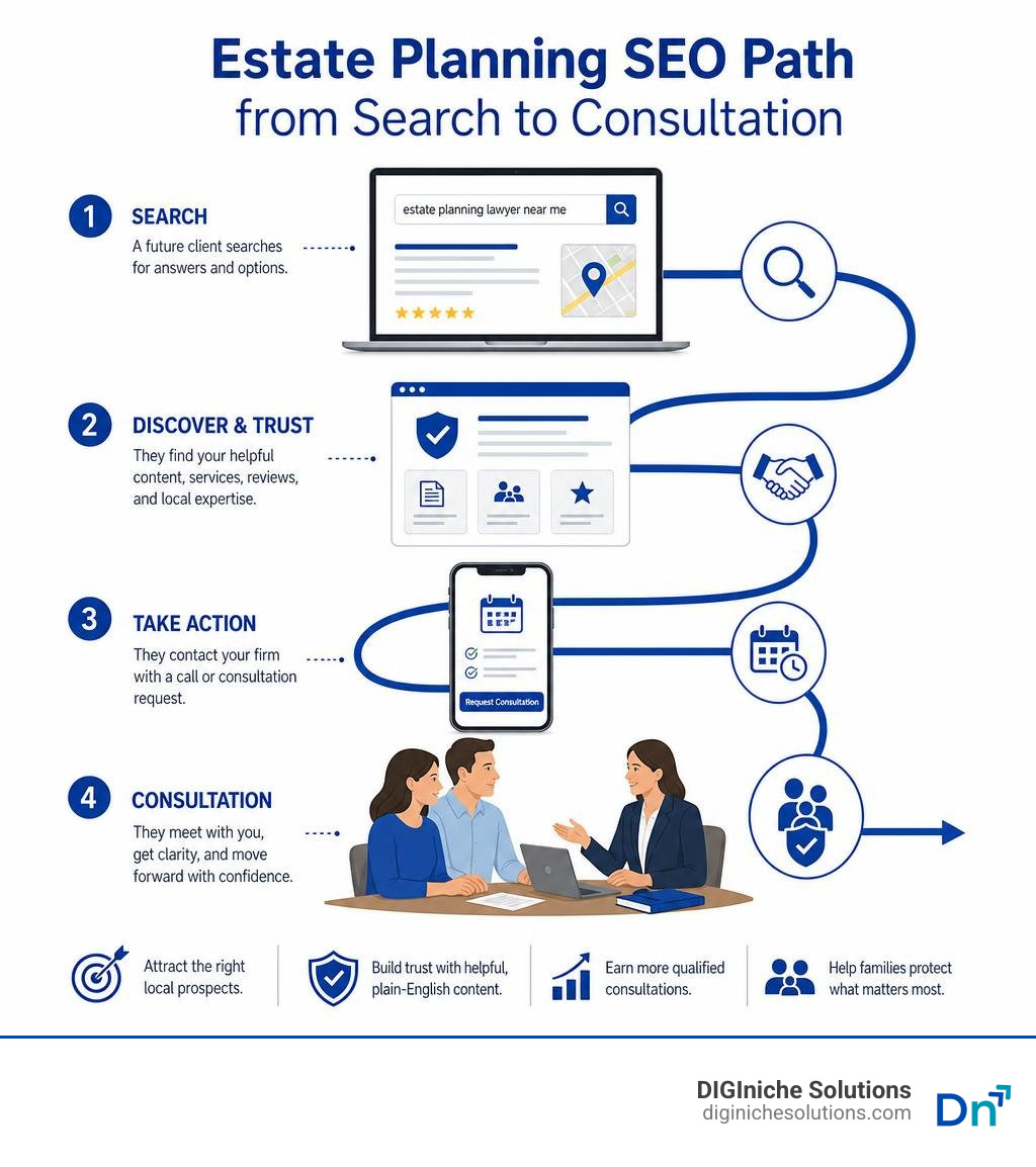 Estate planning SEO path from search to consultation infographic