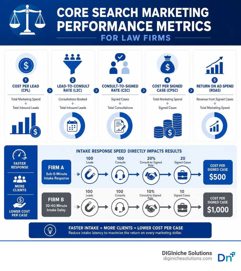 Core search marketing performance metrics for law firms infographic
