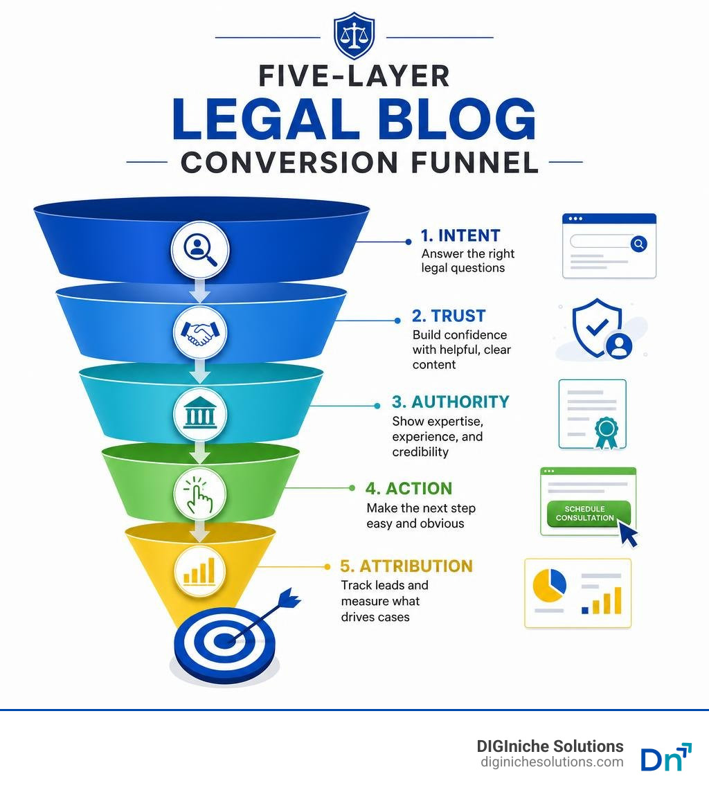Five-layer legal blog conversion funnel: intent, trust, authority, action, attribution infographic Five-layer legal blog conversion funnel: intent, trust, authority, action, attribution infographic
