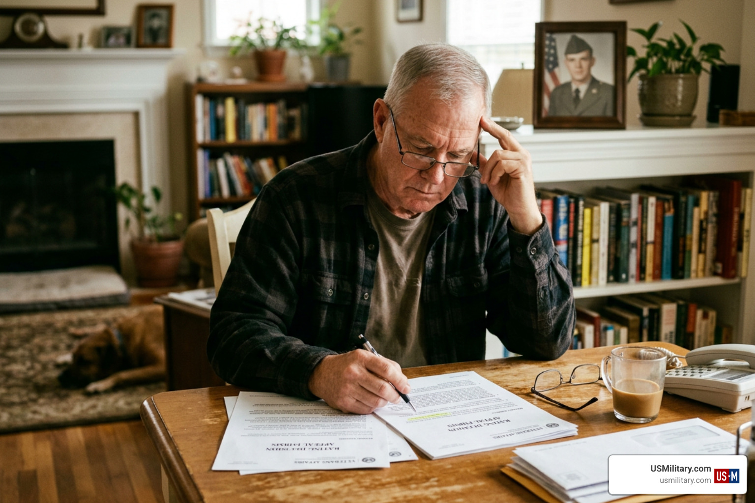 veteran reviewing a VA rating decision letter and appeal forms veteran reviewing a VA rating decision letter and appeal forms