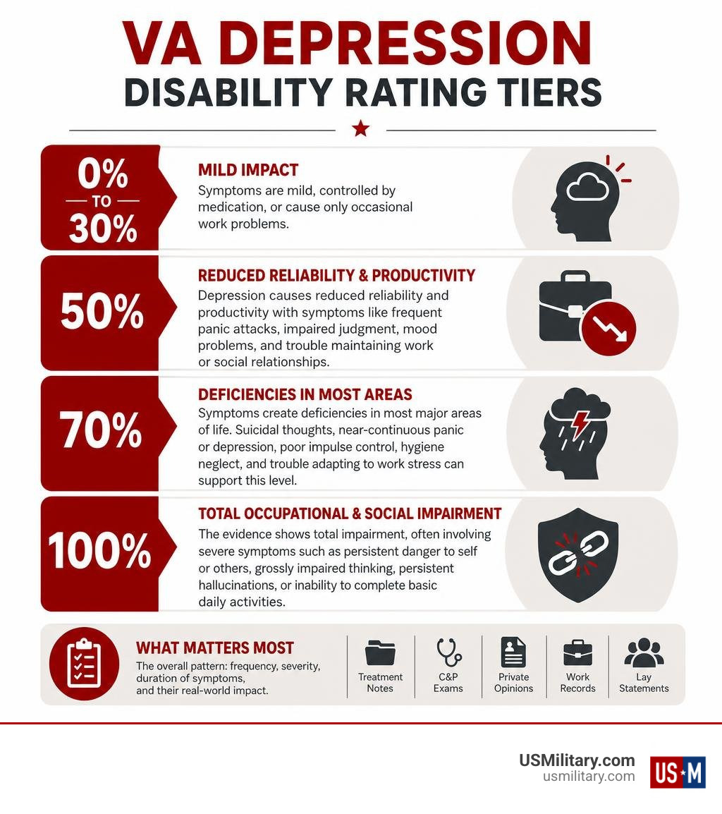 VA depression disability rating tiers from 0 percent to 100 percent infographic VA depression disability rating tiers from 0 percent to 100 percent infographic