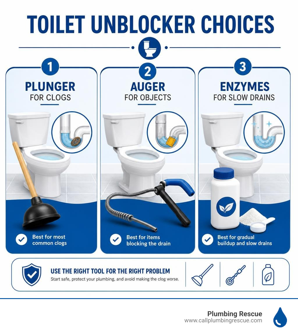 Toilet unblocker choices: plunger for clogs, auger for objects, enzymes for slow drains infographic Toilet unblocker choices: plunger for clogs, auger for objects, enzymes for slow drains infographic