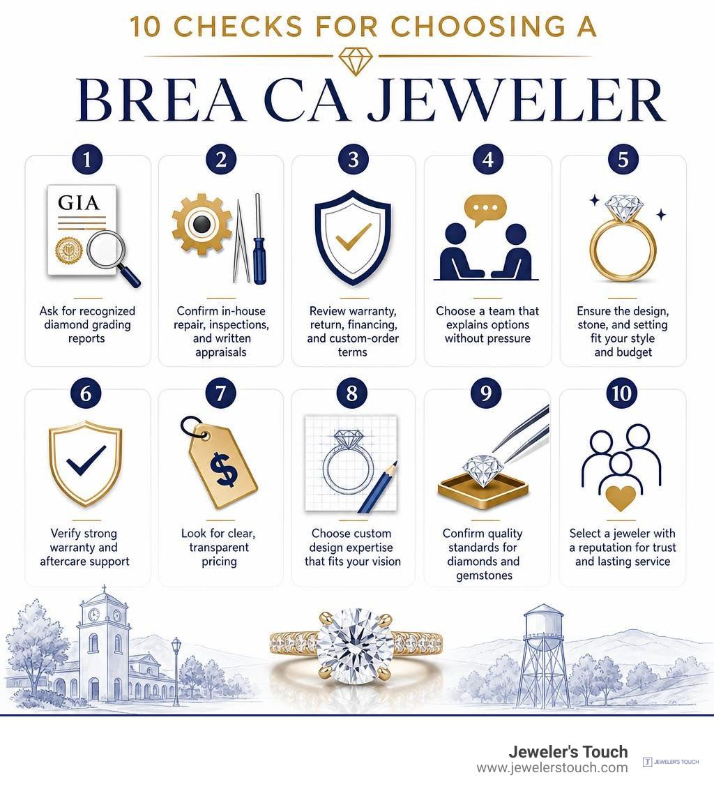 Infographic: 10 checks for choosing a Brea CA jeweler infographic Infographic: 10 checks for choosing a Brea CA jeweler infographic
