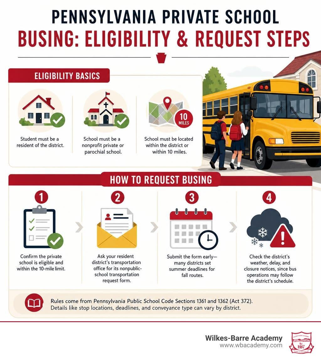 Pennsylvania private school busing eligibility and request steps infographic