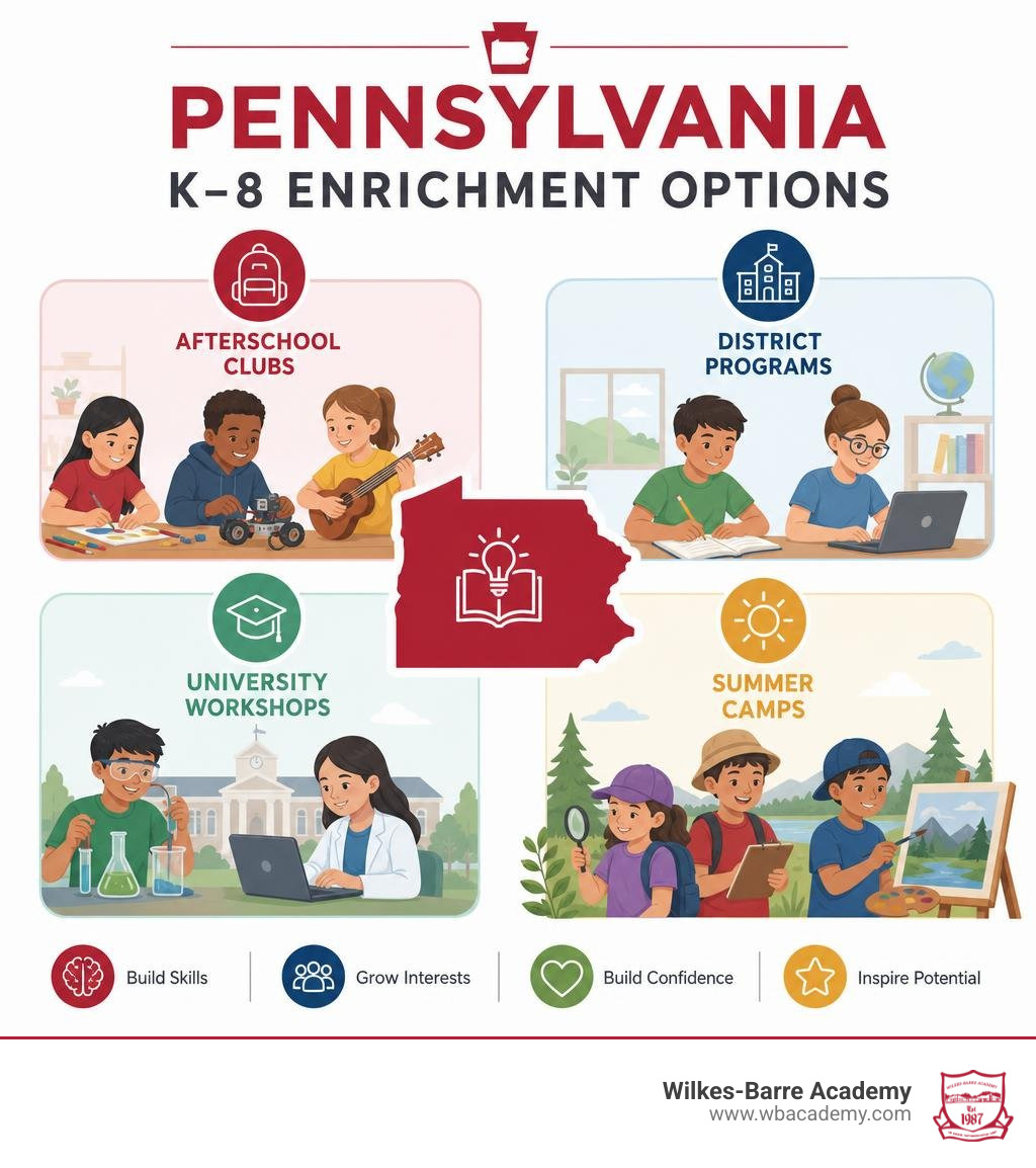 Pennsylvania K-8 enrichment options: afterschool clubs, district programs, university workshops, summer camps infographic Pennsylvania K-8 enrichment options: afterschool clubs, district programs, university workshops, summer camps infographic
