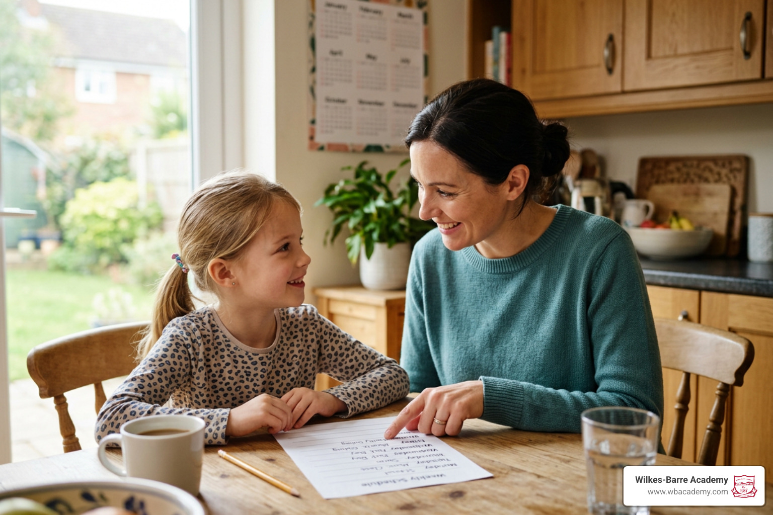 parent and elementary child reviewing weekly extracurricular schedule parent and elementary child reviewing weekly extracurricular schedule