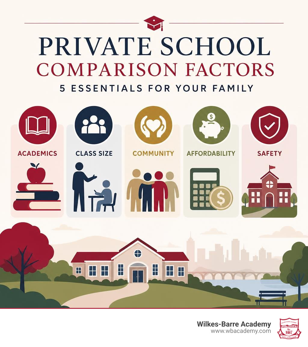 Private school comparison factors: academics, class size, community, affordability, safety infographic Private school comparison factors: academics, class size, community, affordability, safety infographic