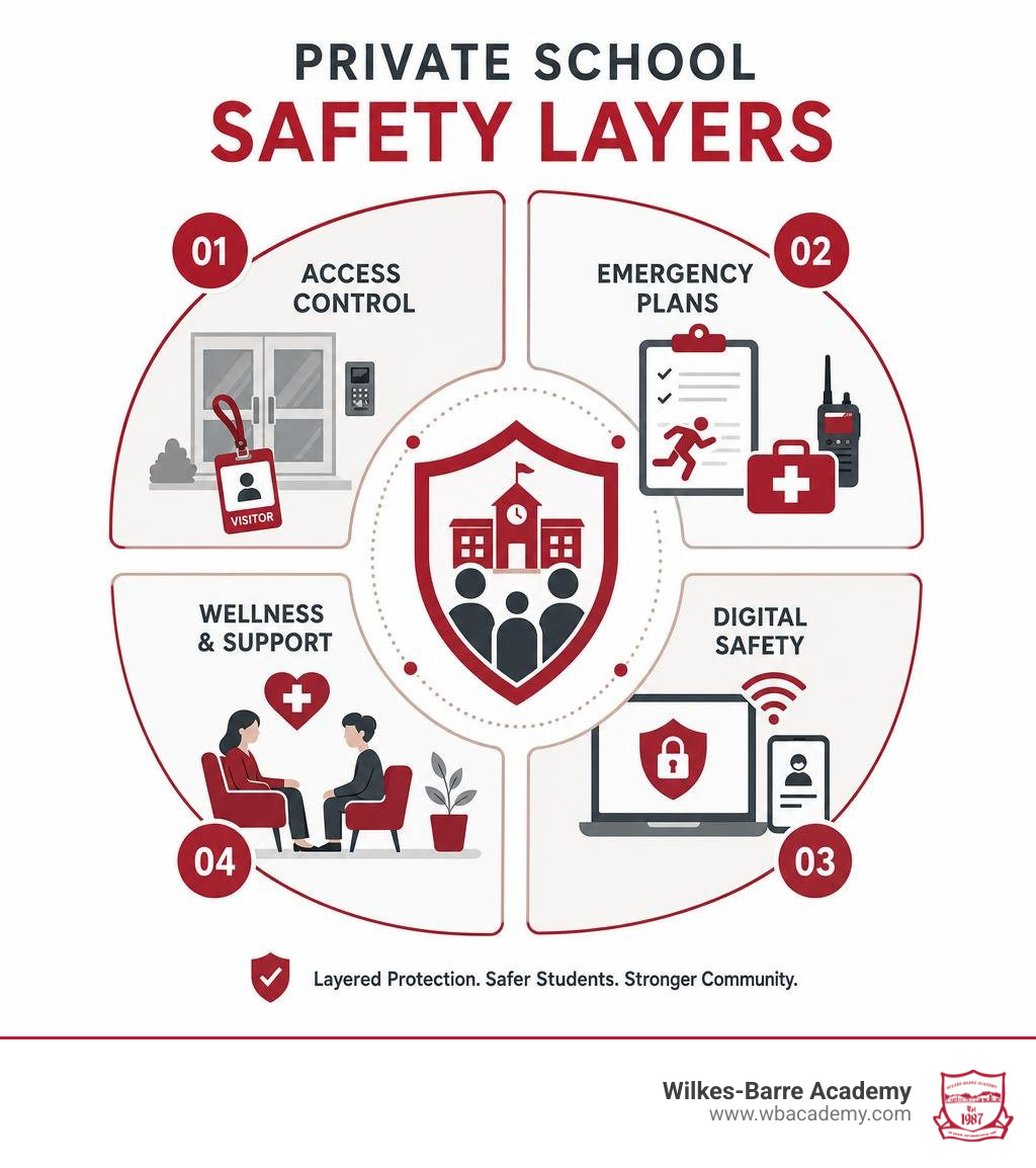 Private school safety layers: access control, emergency plans, wellness, and digital safety infographic Private school safety layers: access control, emergency plans, wellness, and digital safety infographic