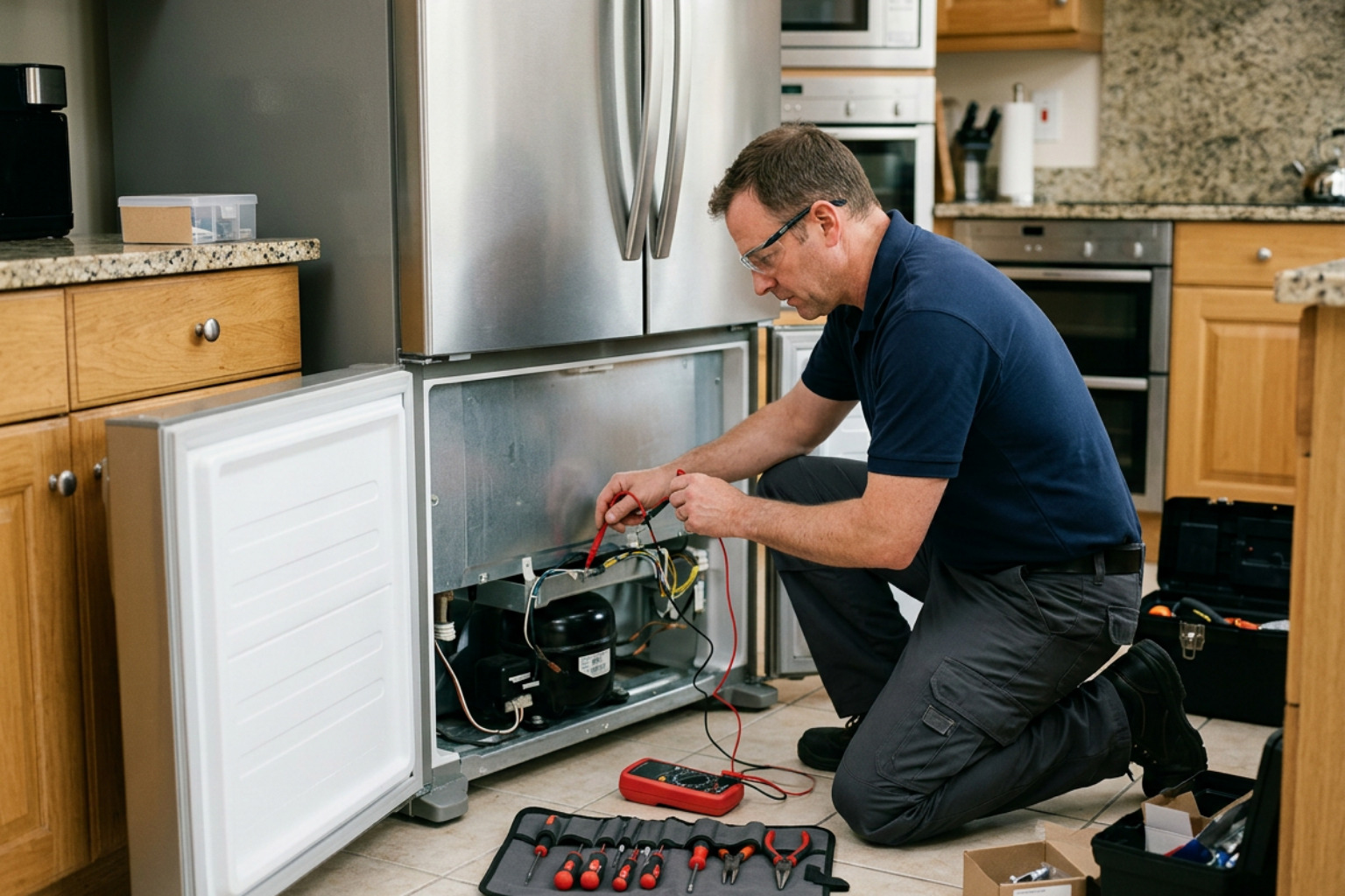 technician testing refrigerator components