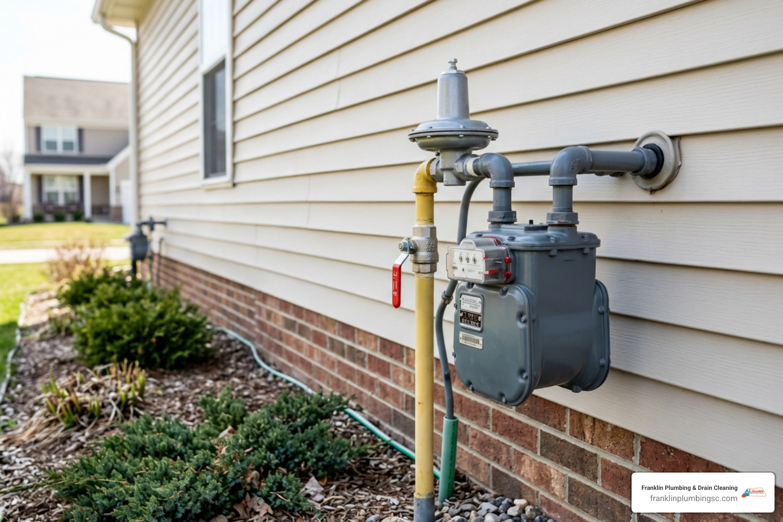 residential gas meter with emergency shutoff valve and pressure regulator outside a home